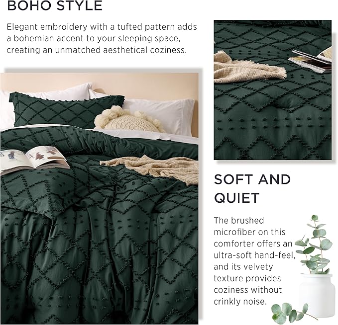 Bedsure California King Comforter Set - Forest Green Comforter, Boho Tufted Shabby Chic Bedding Comforter Set, 3 Pieces Farmhouse Bed Set for All Seasons, Fluffy Bedding Set with 2 Pillow Shams
