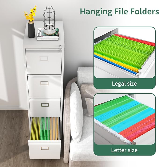 4 Drawer File Cabinet, Metal Vertical File Cabinets with Lock for Home Office, Heavy Duty Office Steel Filing Cabinet for Hanging Files for A4/ Legal/Letter,Assembly Required (White)