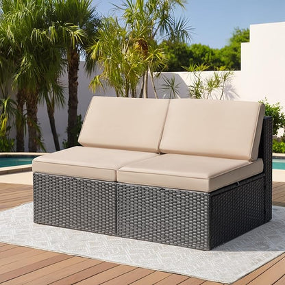 Greesum 2 Piece Patio Conversation Set Wicker Rattan Furniture Outdoor Sofa with Cushions,Pillows and Glass Table for Porch,Lawn and Yard, Beige