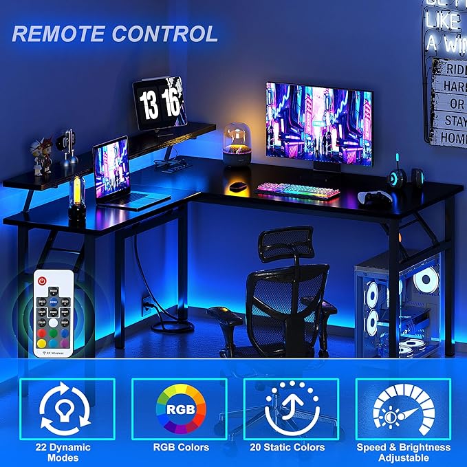 DlandHome Reversible L-Shaped Desk with Monitor Stand,LED Lighting Computer Desk with Power Outlets,Home Office Table Computer Workstation, Black