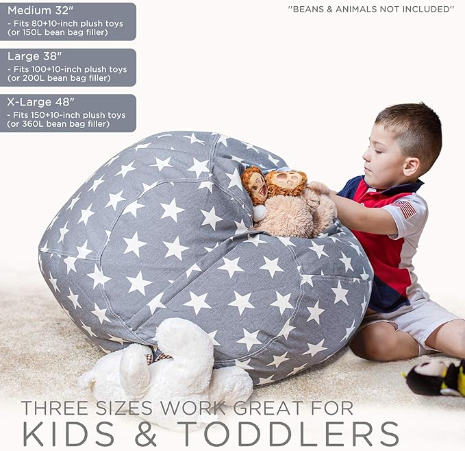 Aubliss Stuffed Animal Storage Bean Bag Chair Cover Only for Plush Toys, Blankets, X-Large 48"-Canvas Stars Grey