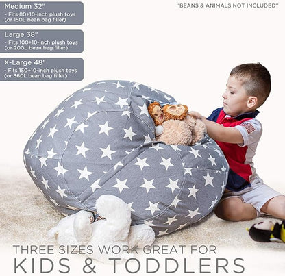 Aubliss Stuffed Animal Storage Bean Bag Chair Cover Only for Plush Toys, Blankets, X-Large 48"-Canvas Stars Grey