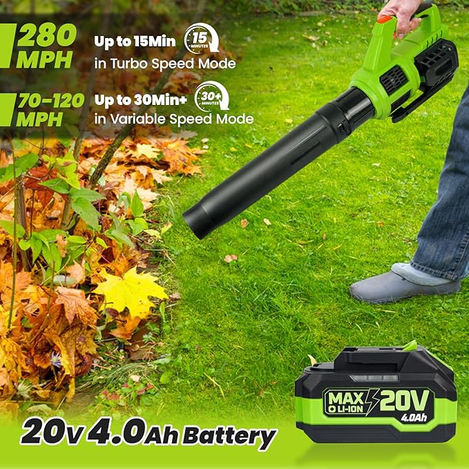 HARDELL Cordless Leaf Blower, 20V Electric Leaf Blower with 4.0Ah Battery and Charger, 280MPH/400CFM High Speed Leaf Blowers for Lawn Care, Blowing Leaves, Dust and Snow