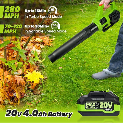 HARDELL Cordless Leaf Blower, 20V Electric Leaf Blower with 4.0Ah Battery and Charger, 280MPH/400CFM High Speed Leaf Blowers for Lawn Care, Blowing Leaves, Dust and Snow