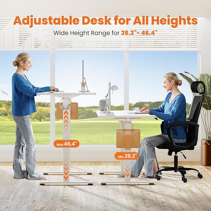 Sweetcrispy Standing Desk -55 in Electric Standing Desk, Height Adjustable Stand Up Desk for Home Office, Sit Stand Desk Stable Computer Rising Desk with Spliced Board, 2 Storage Hooks, White