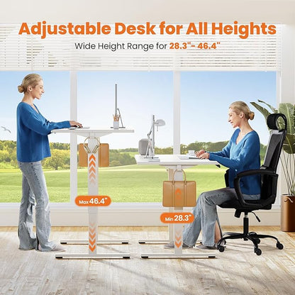 Sweetcrispy Standing Desk -55 in Electric Standing Desk, Height Adjustable Stand Up Desk for Home Office, Sit Stand Desk Stable Computer Rising Desk with Spliced Board, 2 Storage Hooks, White