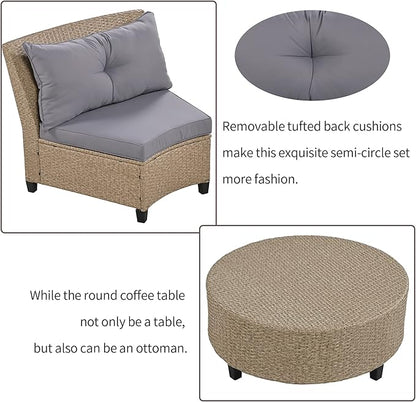 Outdoor 9 Pieces Patio Furniture Half Moon Wicker Sofa Sets, Fan-Shaped Curved Sectional Couch with Coffee Table and Gray Cushions, 1, Brown Rattan