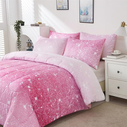 Pink Glitter Comforter Set Full/Queen Size for Girls, Sparkle Galaxy Twinkle Starlight Comforter for Kids Teen,2 Piece Pink Ombre Pastel Bedding Set with 2 Pillow Cases(Pink)