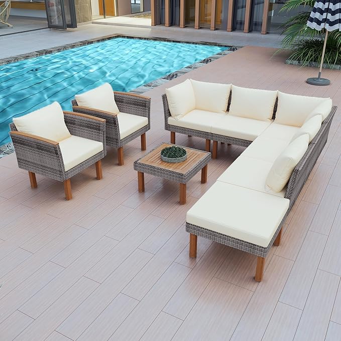 Merax Outdoor Patio Furniture Sets, Free Combination Wicker Sofa, 9-Piece, Rattan w/Wood Tabletop & Legs, Beige