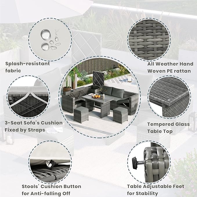 Outdoor Furniture 6-Piece Patio Sofa Set, All Weather PE Rattan Sectional Couch with Tempered Glass Dining Table, Adjustable Seat, Storage Box&Removable Covers, for Garden Backyard, 1, Beige