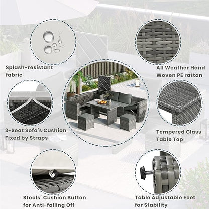 Outdoor Furniture 6-Piece Patio Sofa Set, All Weather PE Rattan Sectional Couch with Tempered Glass Dining Table, Adjustable Seat, Storage Box&Removable Covers, for Garden Backyard, 1, Beige