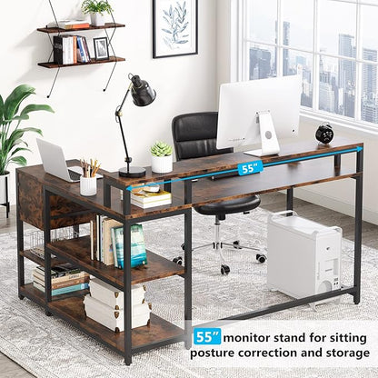 Reversible L-Shaped Computer Desk with hutch & Shelf,rustic