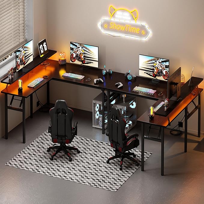 DlandHome Reversible L-Shaped Desk with Monitor Stand,LED Lighting Computer Desk with Power Outlets,Home Office Table Computer Workstation, Black