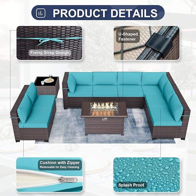 Patio Furniture Sectional Sofa Set 10-Pieces PE Rattan Patio Conversation Set w/43in Gas Fire Pit Table, Outdoor Furniture with 55000 BTU Propane Fire Pit, Blue