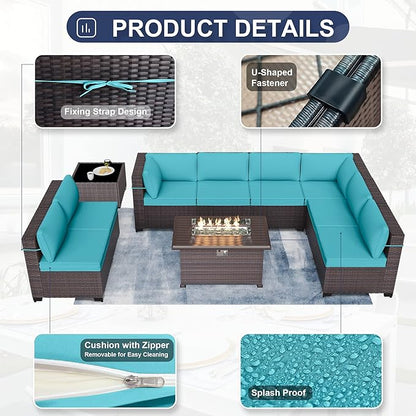 Patio Furniture Sectional Sofa Set 10-Pieces PE Rattan Patio Conversation Set w/43in Gas Fire Pit Table, Outdoor Furniture with 55000 BTU Propane Fire Pit, Blue