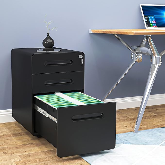 YITAHOME 3-Drawer Metal Mobile File Cabinet, Rolling Filing Cabinet with Lock, Filing Cabinet Under Desk fits Legal/A4 Size for Home/Office, Fully Assembled,Black