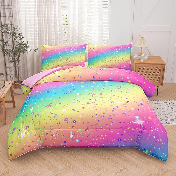 Kids Queen Bedding Sets for Girls, Pink Blue Yellow Glitter Pastel Bedding Set for All Season, Colorful Glitter Stars Bedding Set for Kids Teens (Queen, 3 Pieces)