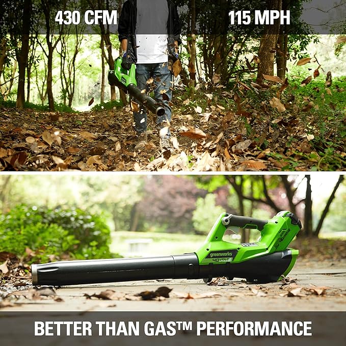 Greenworks 40V (115 MPH / 430 CFM) Brushless Axial Leaf Blower, 2.0Ah Battery and Charger Included
