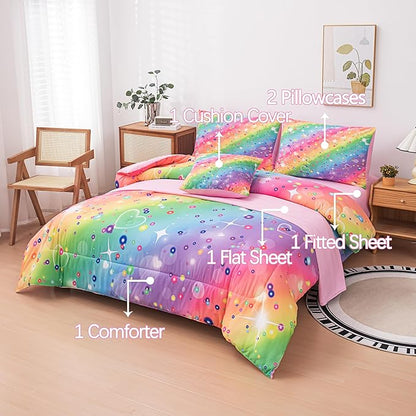 Girls Comforter Sets Queen, Girls Queen Rainbow Bedding, 6 Pcs Bed in a Bag Queen, Kids Princess Comforter Set for Girls(1Comforter, 1Flat Sheet, 1Fitted Sheet, 1 Pillow Cover, 2Pillowcases)