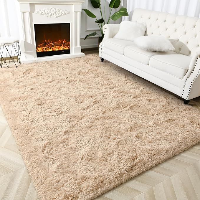 Super Soft Fluffy Shaggy Rugs for Living Room Bedroom, Fuzzy Plush Area Rugs for Girls Kids Room Nursery Home Decor, Furry Dorm Rug Cute Non-Slip Indoor Floor Carpet 5x8 Feet, Beige