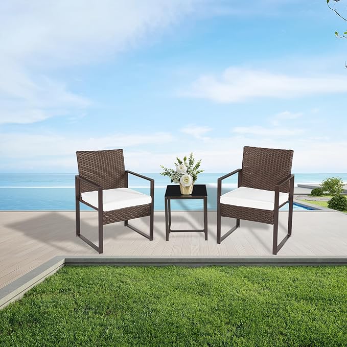 3 Pieces Patio Furniture Set Outdoor Wicker Bistro set Rattan Chair Conversation Sets with Coffee Table for Porch, Balcony,Garden,Backyard and Removable Cushions Beige