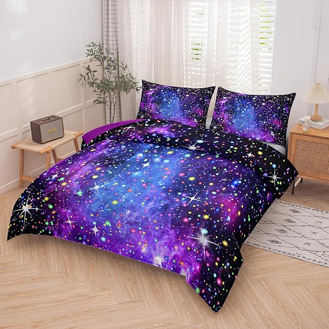 Kids Comforter Sets for Teen Girls, Purple Blue Galaxy Glitter Bedding Set for All Season, Purple Twin Bedding Sets for Kids Boys (Twin, 2 Pieces)