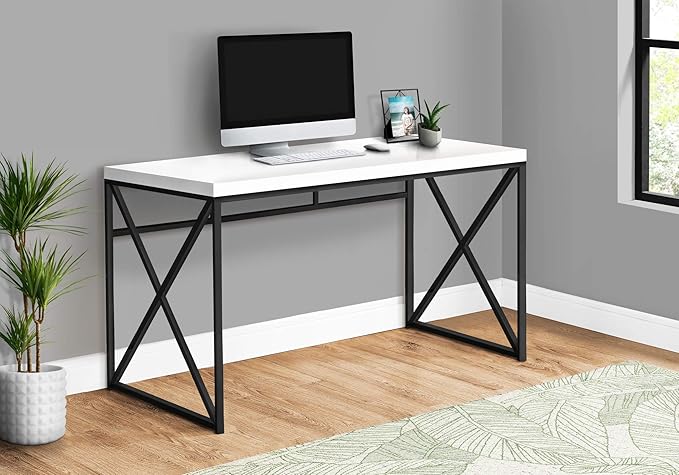 Monarch Specialties Modern Industrial Style-Home & Office Writing Table with Sturdy Crisscross Metal Computer Desk, 48" L, Glossy White/Black Frame
