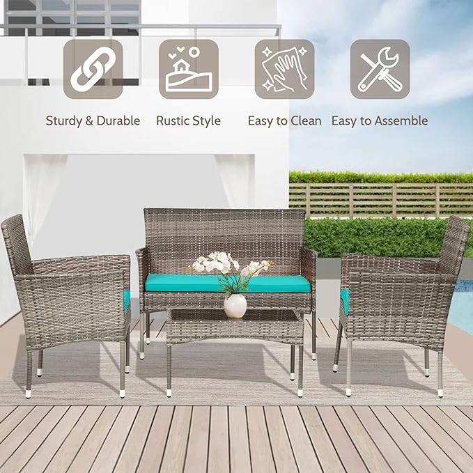FDW Patio Conversation Set 4 Pieces Outdoor Furniture Set Wicker with Rattan Chair Loveseats Coffee Table for Outdoor Indoor Garden Backyard Porch Poolside Balcony,Gray Wicker/Blue Cushions
