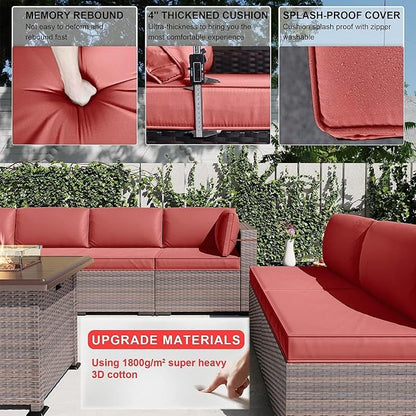 Kullavik 13 Pieces Outdoor Patio Furniture Set with 43" 55000BTU Gas Propane Fire Pit Table PE Wicker Rattan Sectional Sofa Patio Conversation Sets,Red