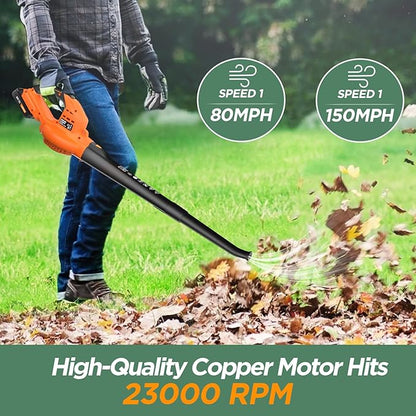 Cordless Leaf Blower, 150Mph Handheld Electric Leaf Blowers with 2.0Ah Battery & Fast Charger, 2 Speed Mode, 20V Battery Powered Leaf Blowers for Cleaning Patio, Yard, Sidewalk