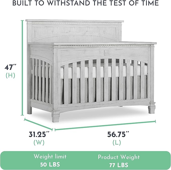 Evolur Santa Fe 5-in-1 Convertible Crib in Antique Mist, Greenguard Gold Certified, Features 3 Mattress Heights, Wooden Nursery and Bedroom Furniture, Baby Crib