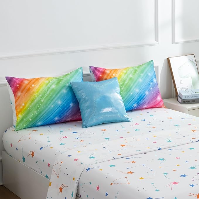 Btargot Super Soft 6 Pieces Gradient Star Ring Comforter Set, Colorful Glitter Rainbow Star Pattern Bedding Set for Boys Girls Teens,Full Multicolor