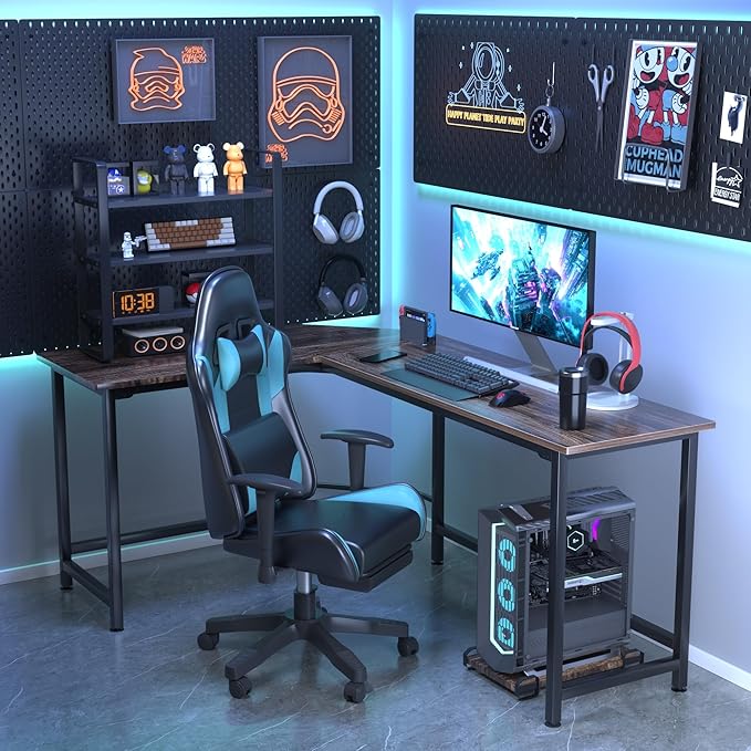 VECELO L Shaped Computer Corner Desk with CPU Stand/PC Laptop Study Writing Table for Home Office Workstation Wood & Metal, 66 in, Coffee + Black Leg
