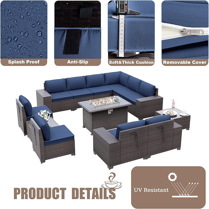 13PCS Patio Furniture Sectional Sofa Set PE Rattan Patio Conversation Set w/43in Gas Fire Pit Table, Outdoor Furniture with 55000 BTU Propane Fire Pit, Navy Blue