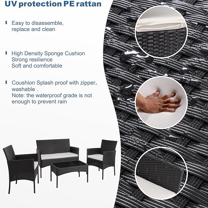 Shintenchi 4 Piece Outdoor Patio Furniture Sets, Small Wicker Patio Conversation Furniture Rattan Chair Set with Tempered Glass Coffee Table for Backyard Porch Garden Poolside Balcony