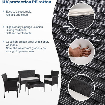 Shintenchi 4 Piece Outdoor Patio Furniture Sets, Small Wicker Patio Conversation Furniture Rattan Chair Set with Tempered Glass Coffee Table for Backyard Porch Garden Poolside Balcony