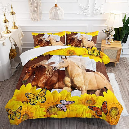 Kid Galloping Horse Comforter Sunflower Butterfly Cowhide Horse Bedding Set for Boys Girls Adult, 1 Comforter + 2 Pillowcases
