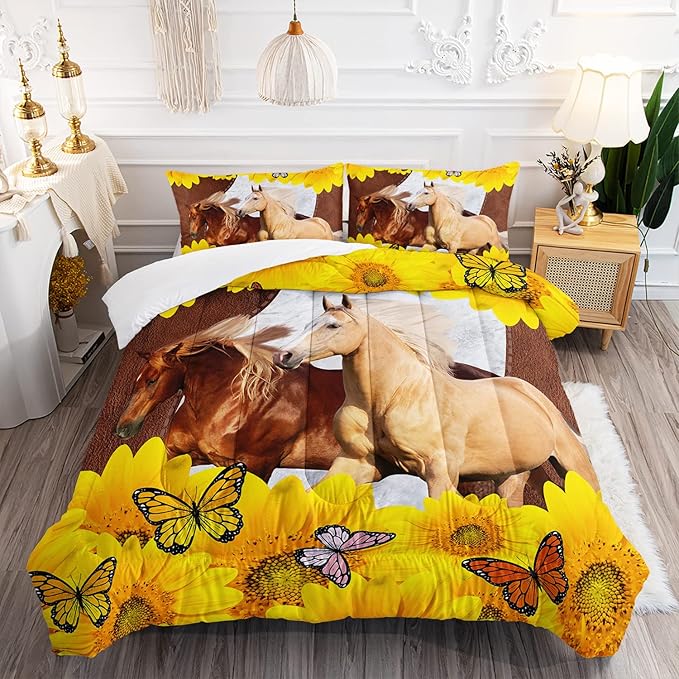 Kid Galloping Horse Comforter Sunflower Butterfly Cowhide Horse Bedding Set for Boys Girls Adult, 1 Comforter + 2 Pillowcases