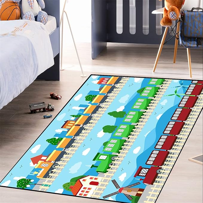 Train Rug Car Rug Play Mat Truck Rugs for Boys Room Kids Car Rug Truck Car Rug Car Carpet for Kids Kids Rugs for Playroom Car Rug for Boys Room,Light Blue 3'×5'