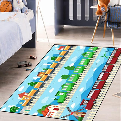 Train Rug Car Rug Play Mat Truck Rugs for Boys Room Kids Car Rug Truck Car Rug Car Carpet for Kids Kids Rugs for Playroom Car Rug for Boys Room,Light Blue 3'×5'