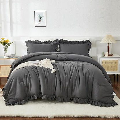 Andency Dark Gray Twin Size Comforter, 2 Pieces Kids All Season Ruffle Bed Comforter Set, Boho Lightweight Solid Farmhouse Shabby Chic Bedding Comforters & Sets (66x90Inch Comforter)