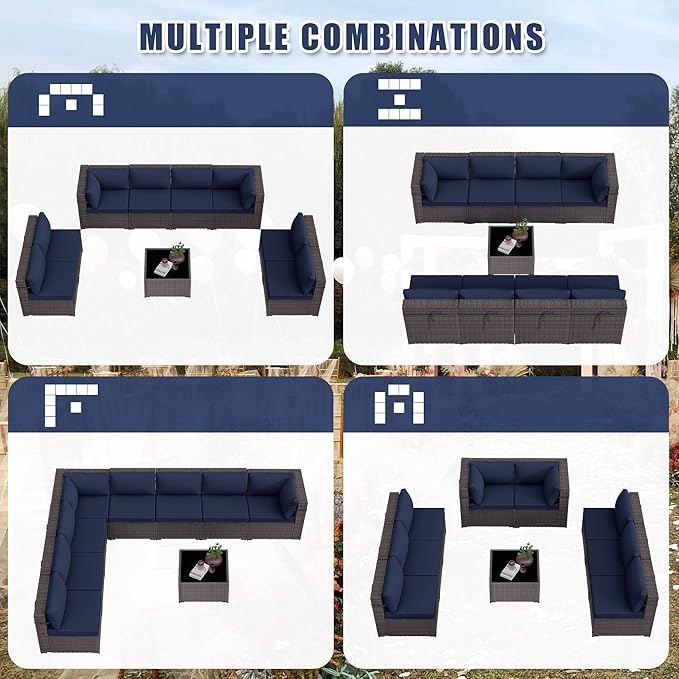 Patio Furniture Set 9-Pieces Outdoor Furniture for Backyard Wicker Sectional Sofa Set, Rattan Patio Conversation Set with Thickened Cushions and Glass Coffee Table, Navy Blue