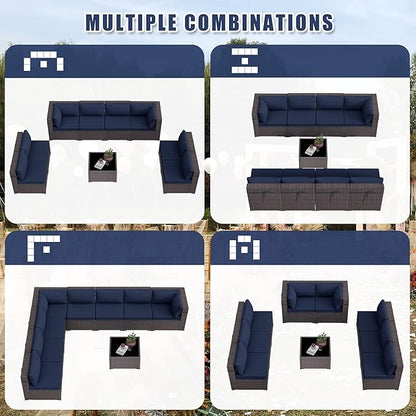 Patio Furniture Set 9-Pieces Outdoor Furniture for Backyard Wicker Sectional Sofa Set, Rattan Patio Conversation Set with Thickened Cushions and Glass Coffee Table, Navy Blue