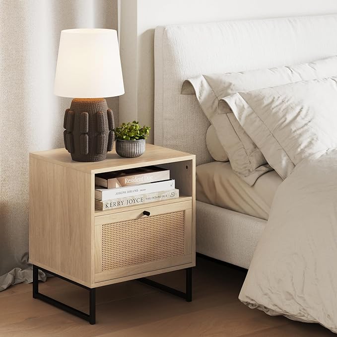 Nathan James Jacklyn Modern Home Office Writing Desk and Mina Rattan Wood End Side Accent Table Nightstand, Natural Brown and Oak/Black