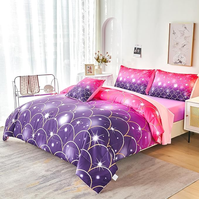 URBONUR Purple Glitter Comforter Set Queen Size for Girls 6 Piece Bed in A Bag Comforter with Sheets Set, Gradient Pink Purple Sparkle Mermaid Fish Scales Bedding Comforter Set