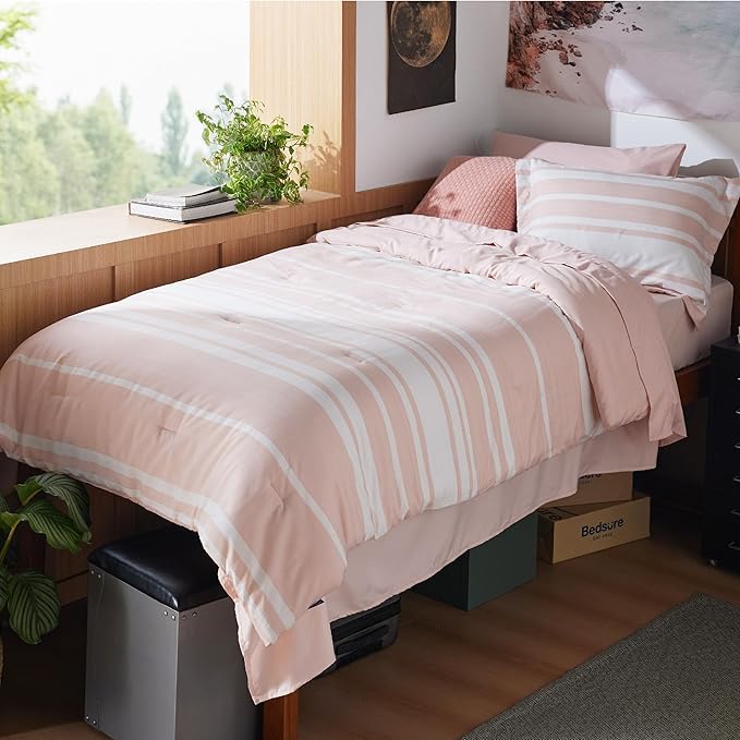Bedsure Twin XL Comforter Set for College Girls, Pink Striped Bedding Comforter Sets All Season Bed Set with 1 Pillow Sham, Flat Sheet, Fitted Sheet and 1 Pillowcase