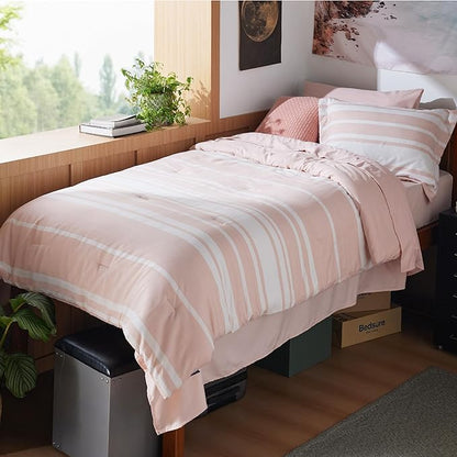 Bedsure Twin XL Comforter Set for College Girls, Pink Striped Bedding Comforter Sets All Season Bed Set with 1 Pillow Sham, Flat Sheet, Fitted Sheet and 1 Pillowcase
