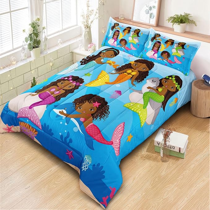 Little Mermaid Bedding, Black Girl Comforter Set Twin Size, Black Mermaid Bedroom Decor for Girls, Princess Twin Bed Set for Kids Teens with 1 Comforter and 2 Pillow Cases
