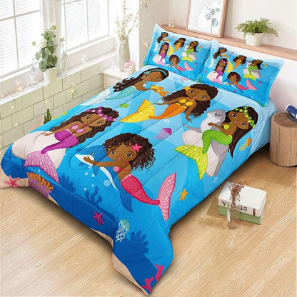 Little Mermaid Bedding, Black Girl Comforter Set Twin Size, Black Mermaid Bedroom Decor for Girls, Princess Twin Bed Set for Kids Teens with 1 Comforter and 2 Pillow Cases