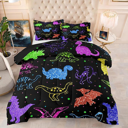 Cartoon Dinosaur Bedding Full Size, Kids Dinosaur Comforter Set for Boys Dinosaur Print Kids Bedding Set Soft Teens Boys Comforter Set Full Size (1 Comforter 2 Pillowcase)